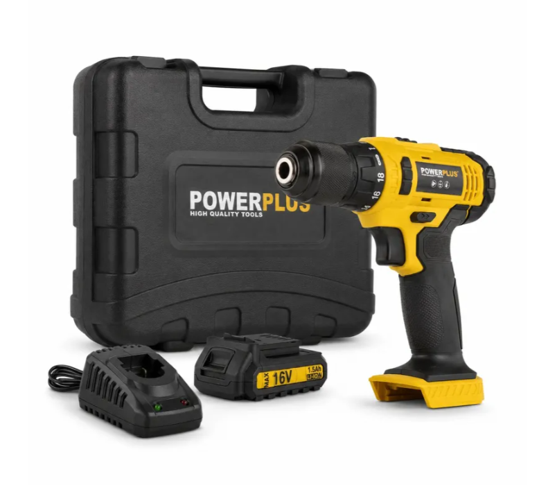 Trapano a batteria Powerplus giallo e nero con batteria, caricatore e valigetta.