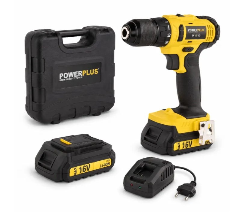 Un trapano a batteria Powerplus giallo e nero, una batteria, un caricabatterie e una custodia nera.