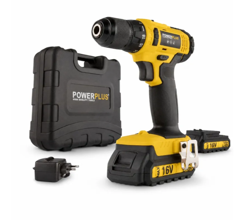 Trapano a batteria giallo e nero con batteria, caricabatterie e valigetta rigida nera su sfondo bianco.