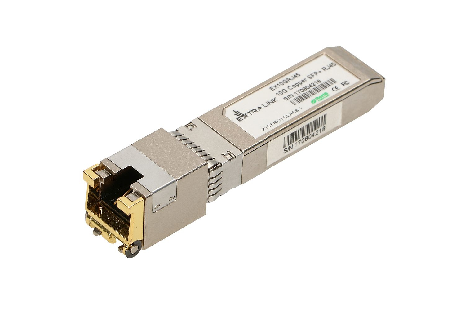 Srebrny moduł transceivera Extralink 10G Copper SFP+ RJ45 na białym tle.