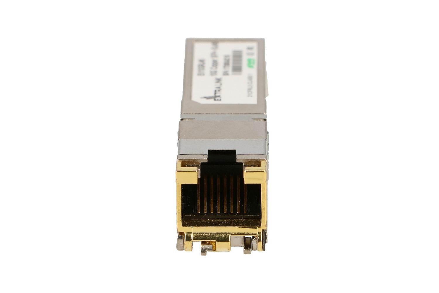 Srebrny moduł transceivera SFP z portem RJ45 na białym tle.