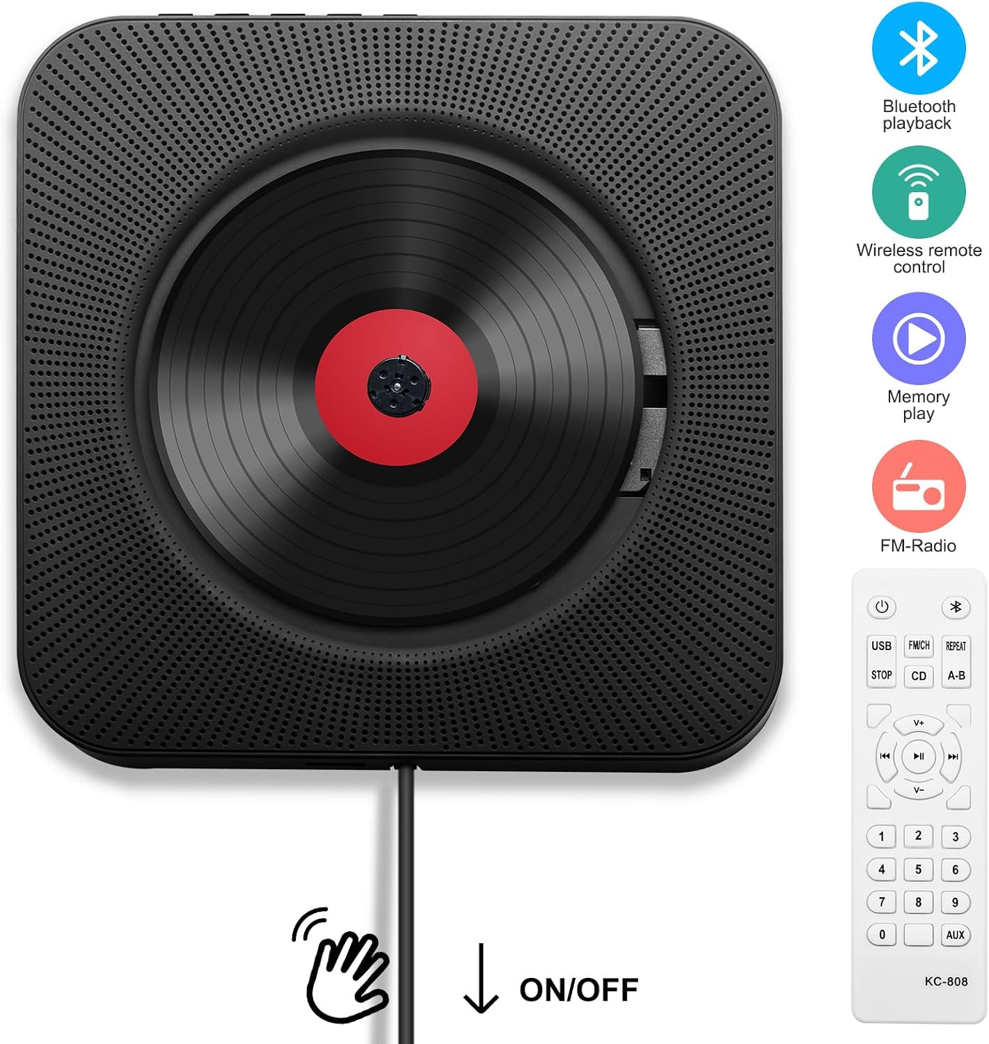 Ein schwarzer CD-Player mit roter Mitte, Fernbedienung und Symbolen für Bluetooth, FM-Radio und Speicher.