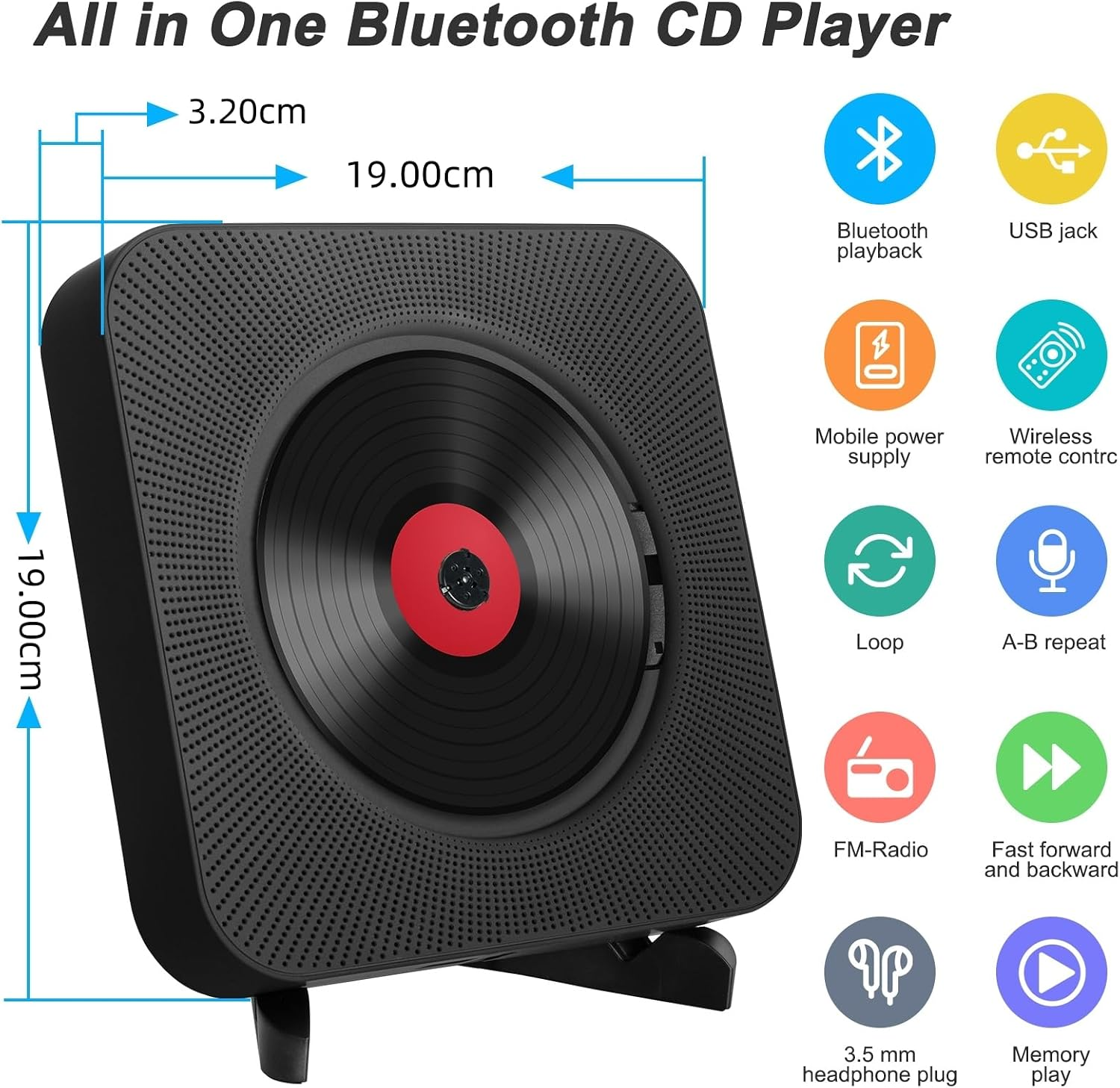 Alle in einem Bluetooth-CD-Player Maße mit Funktionssymbolen.