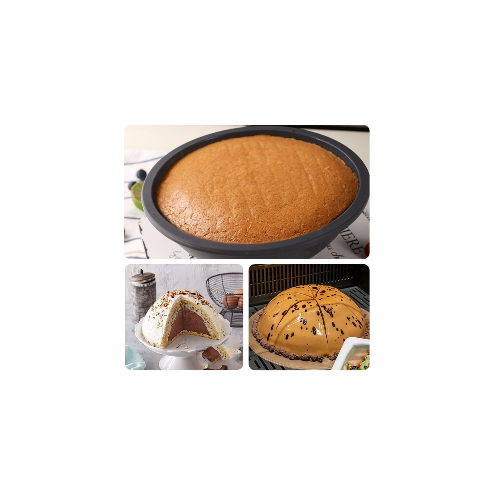 Drei Bilder zeigen eine runde Backform mit Biskuitkuchen, einen aufgeschnittenen Kuppelkuchen und ein glasiertes Dessert.
