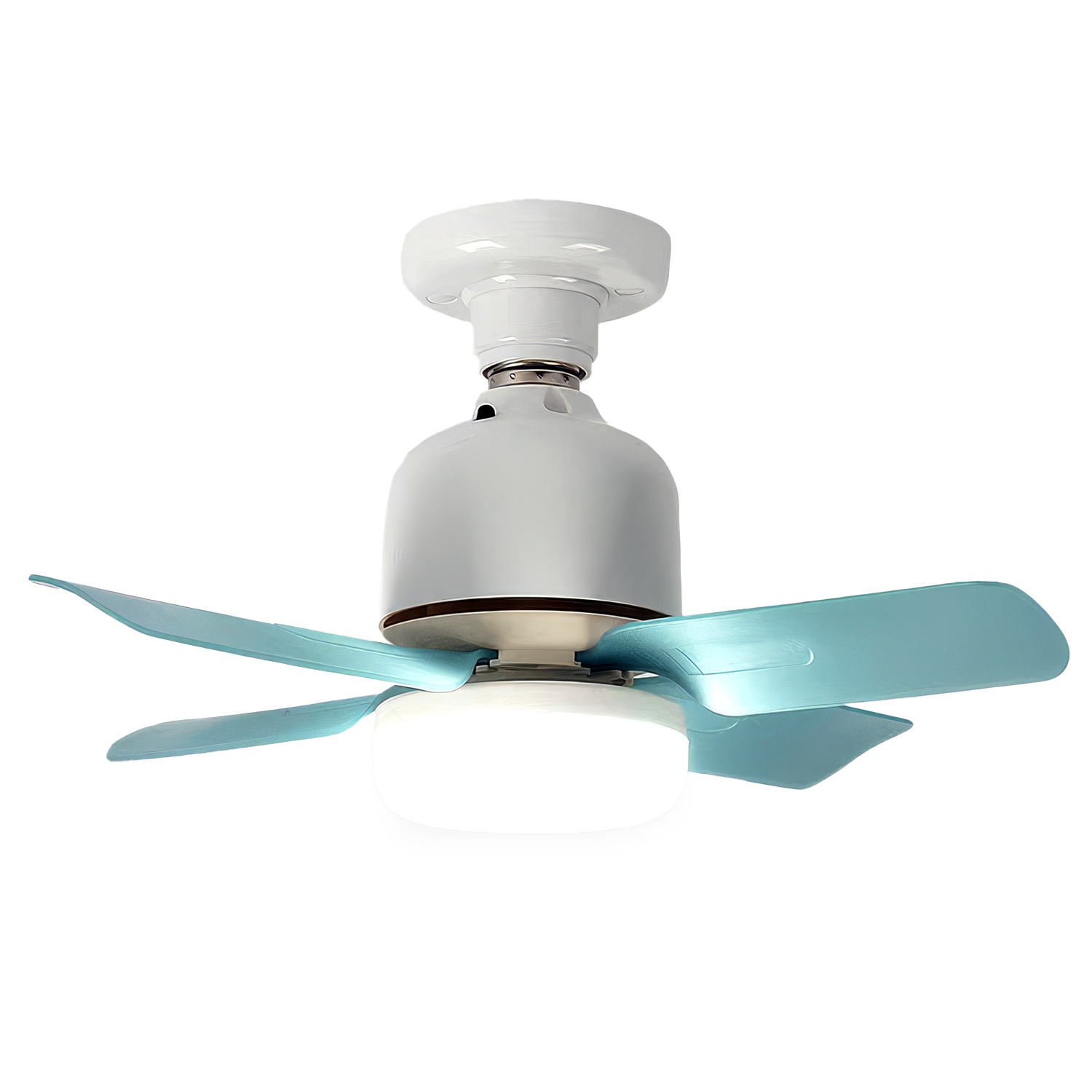 Ventilador de techo blanco con aspas azules brillantes y lámpara redonda integrada sobre fondo blanco.