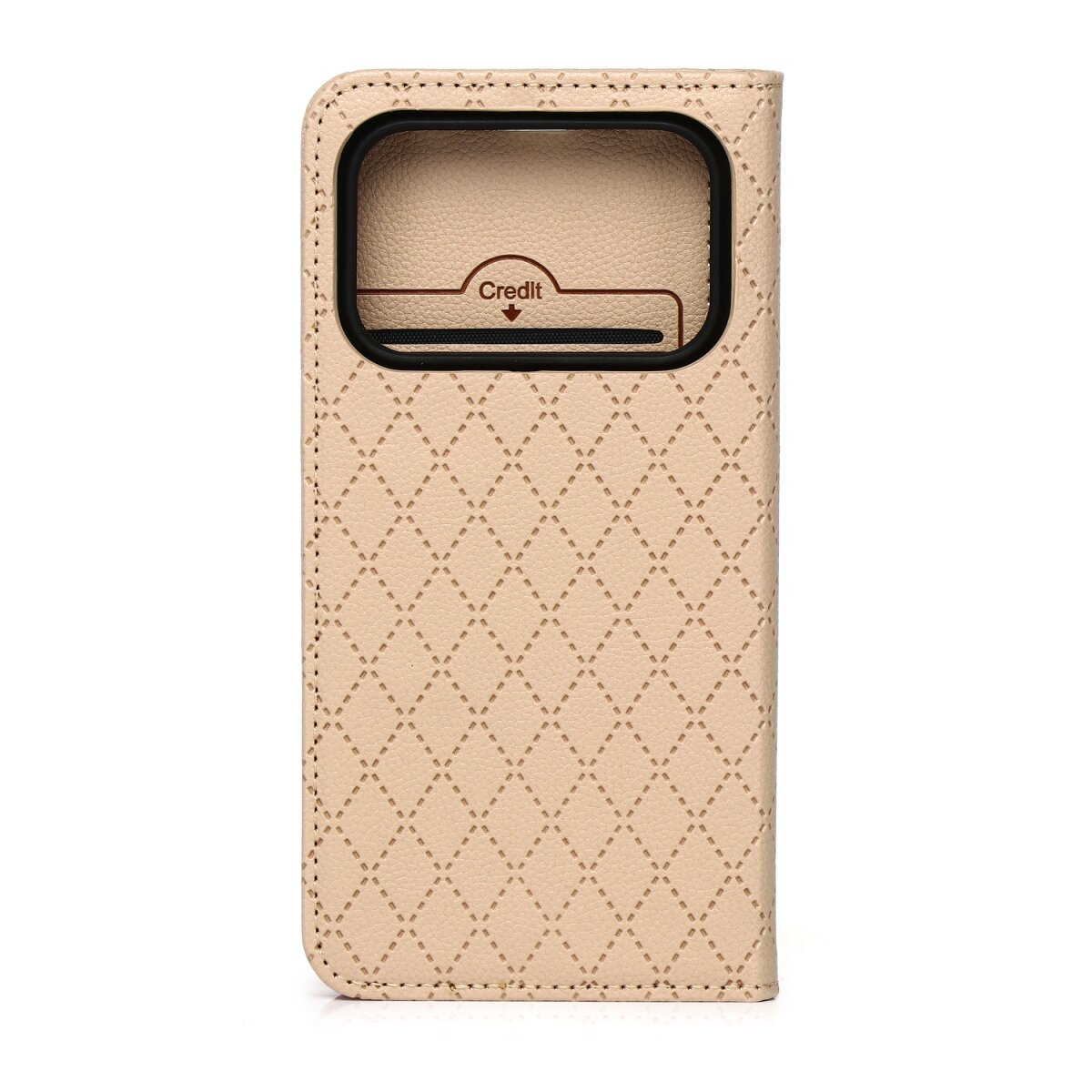 Beige Kunstleder-Handyhuelle mit Rautenmuster und einem Fach fuer Kreditkarten.