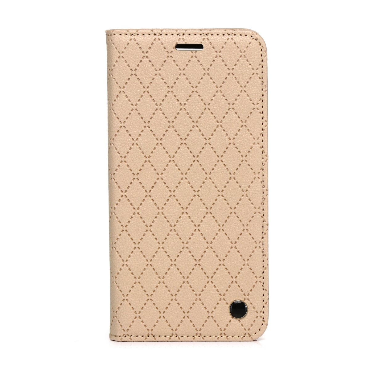 Beige Handy-Klapphülle aus Leder mit Rautenmuster und einem schwarzen Knopf unten rechts.