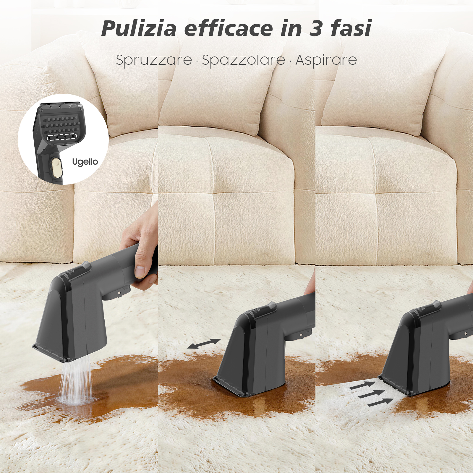 Tre fasi di pulizia del tappeto: spruzzare, spazzolare e aspirare davanti a un divano.