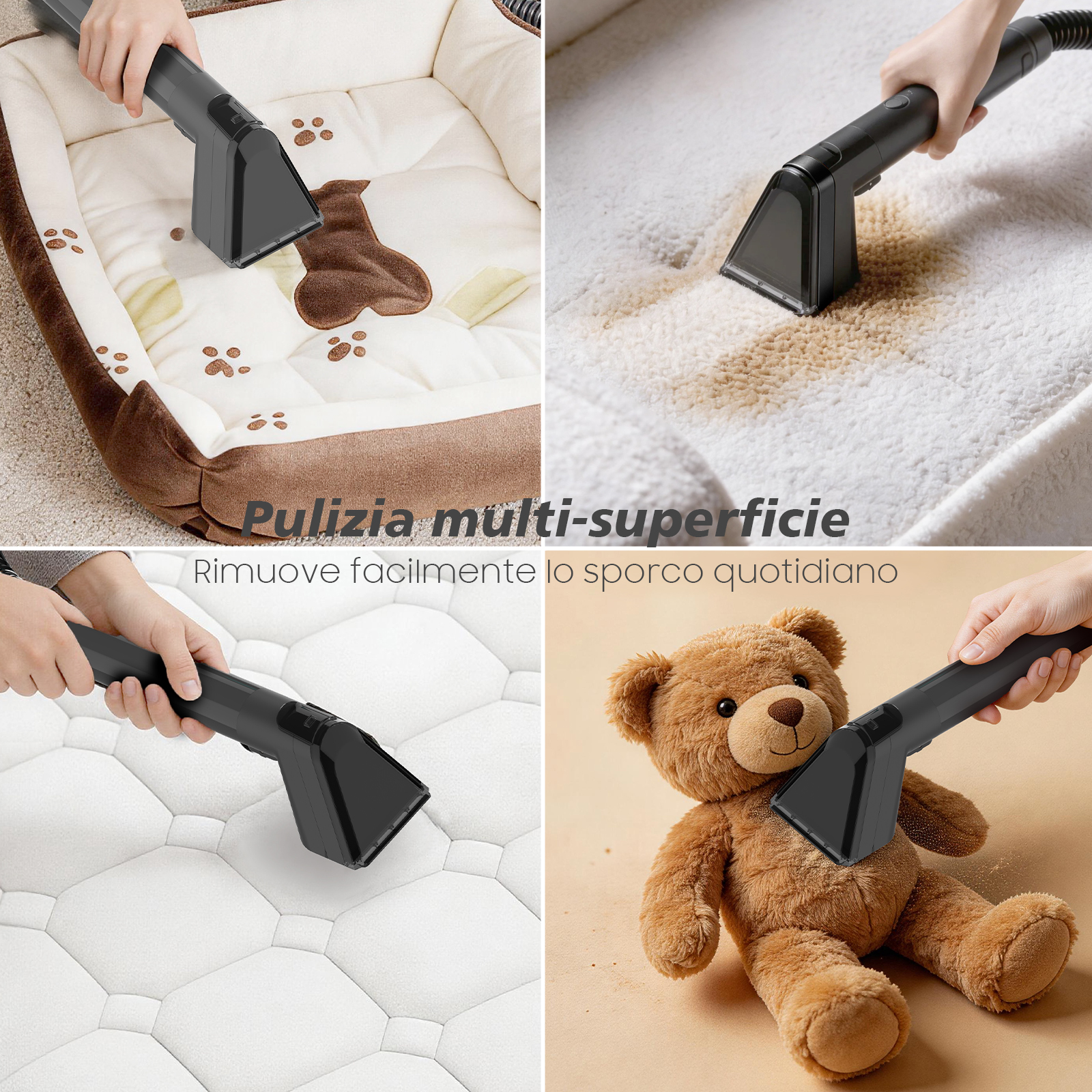 Un aspirapolvere portatile pulisce varie superfici tra cui cuccia per cani, tappeto, materasso e peluche.