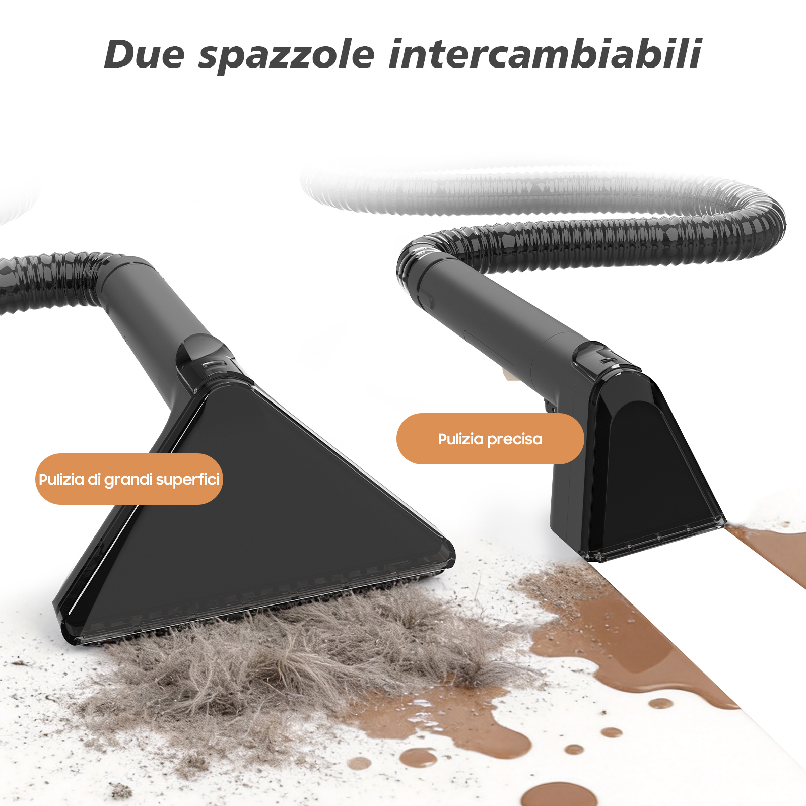 Due bocchette per aspirapolvere nere che puliscono sporco e liquidi su una superficie, con etichette.
