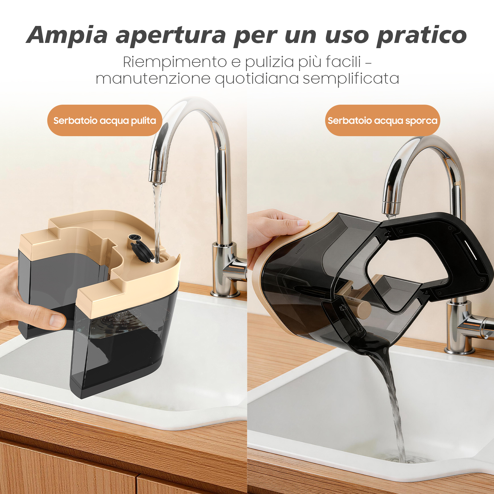 I serbatoi d'acqua vengono riempiti e svuotati al rubinetto.
