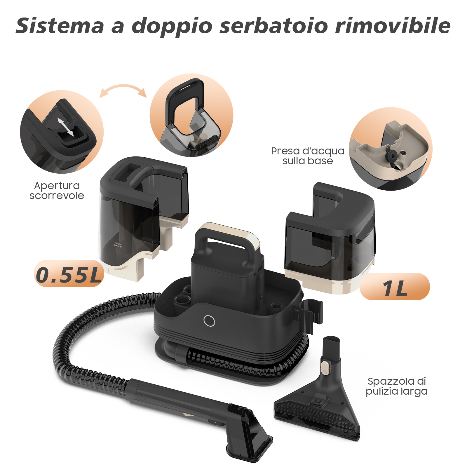Schema di un sistema a doppio serbatoio d'acqua con serbatoi rimovibili e accessori.