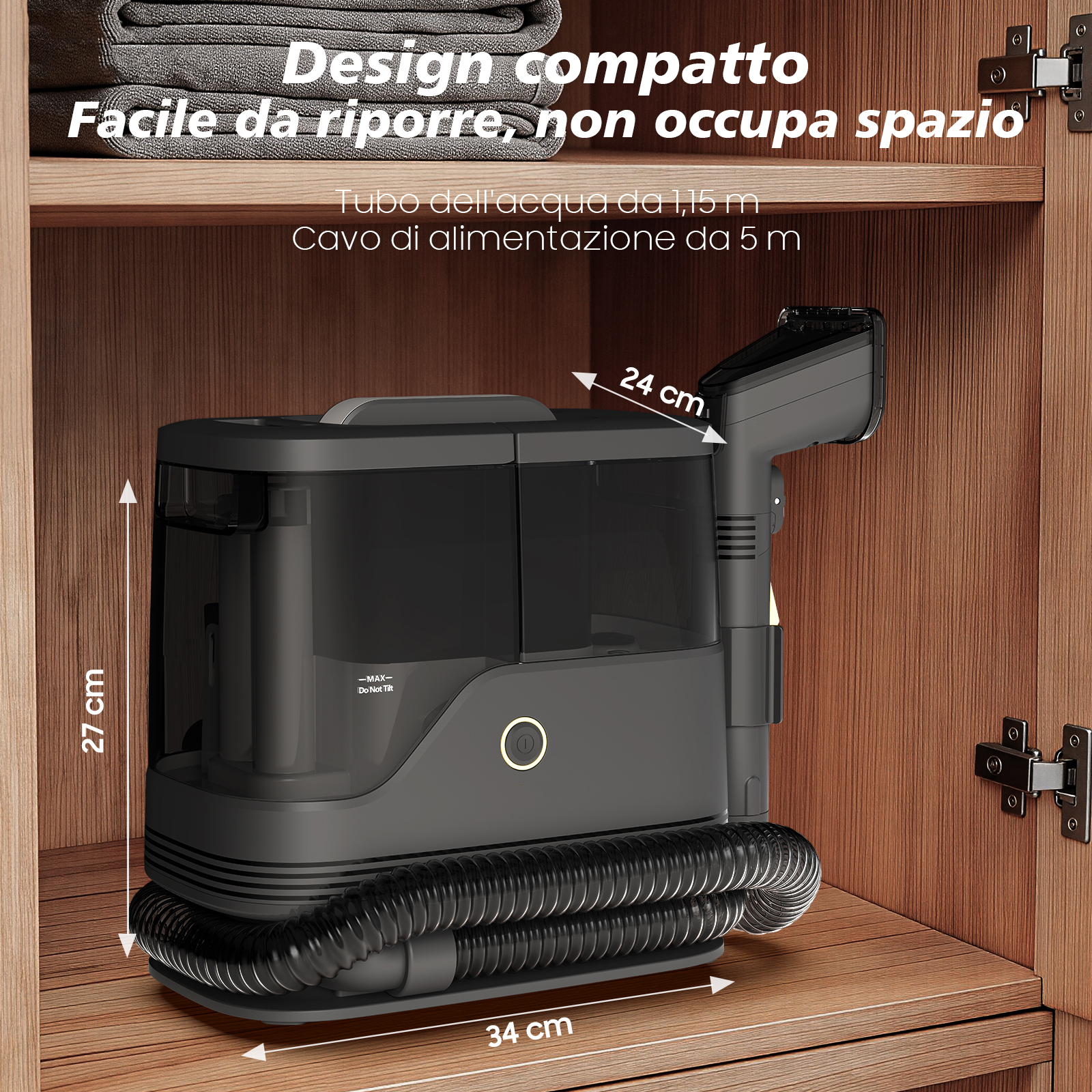 Compatto pulitore per tappeti grigio riposto in un mobile in legno con asciugamani.