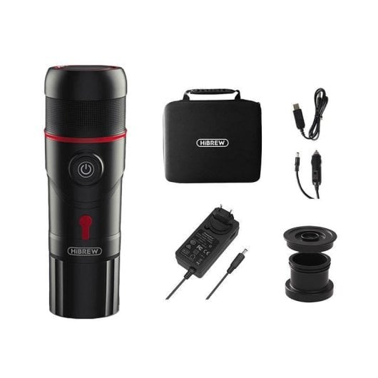 Una caffettiera portatile nera con custodia, cavi di ricarica, adattatore e accessori.