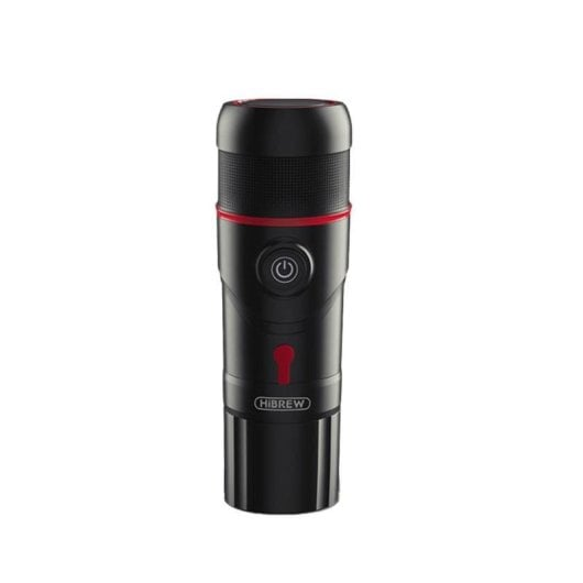 Una caffettiera portatile nera e rossa su sfondo bianco.