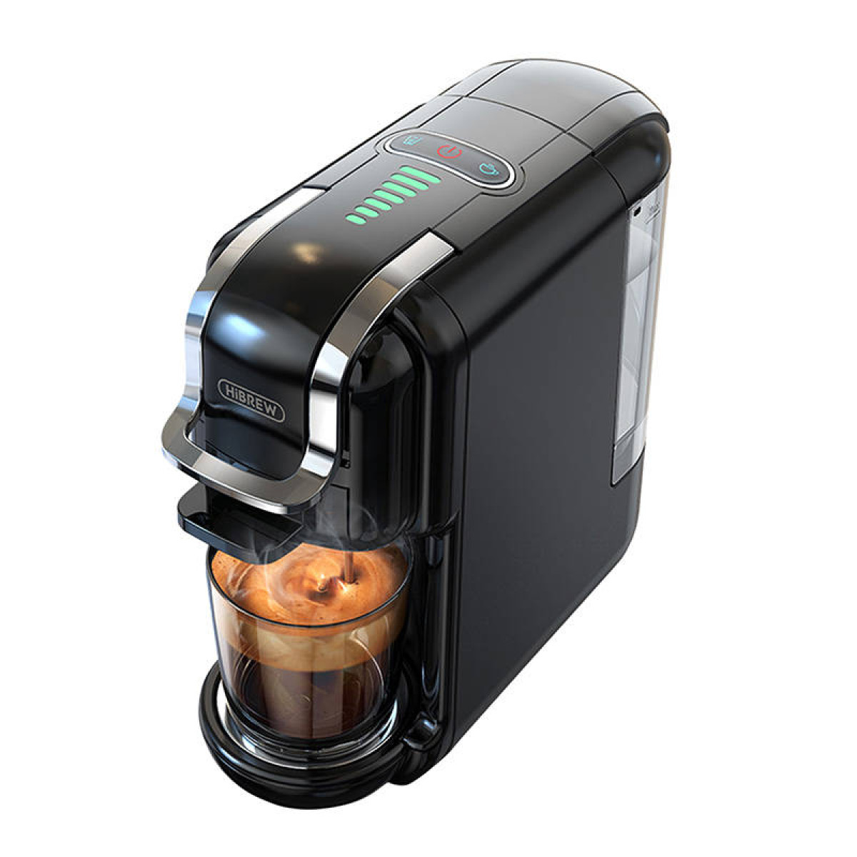 Una macchina da caffè nera eroga caffè fresco in un bicchiere.