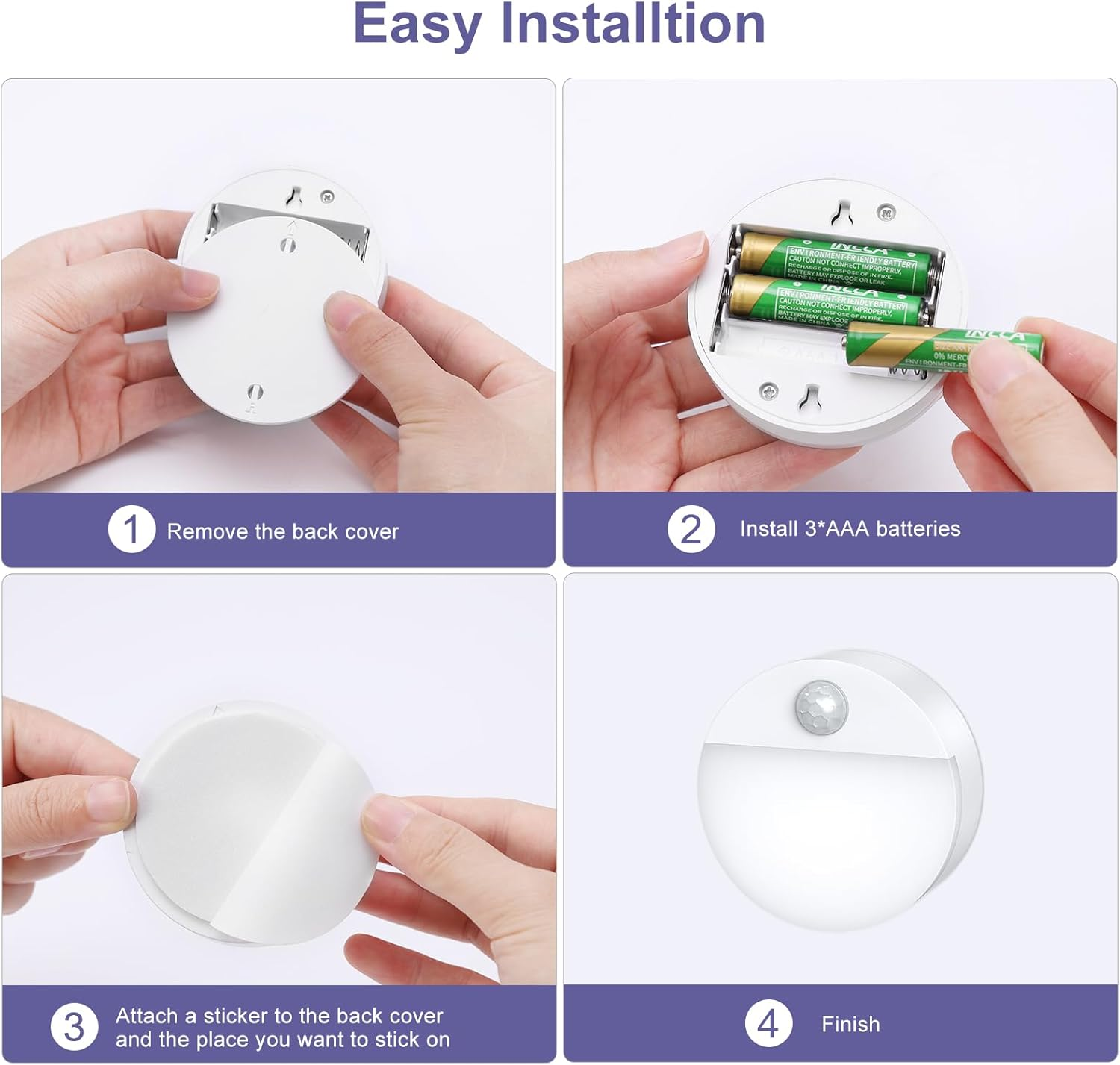 Vier Schritte zur Installation einer kleinen LED-Leuchte mit Batterien und Klebepad.