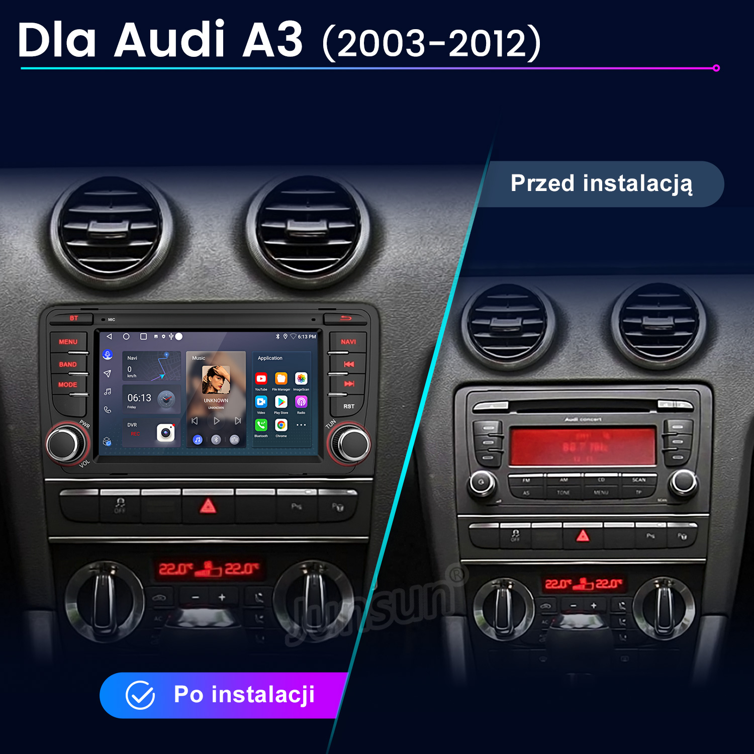 Porównanie konsoli środkowej Audi A3 przed i po montażu nowego systemu multimedialnego.