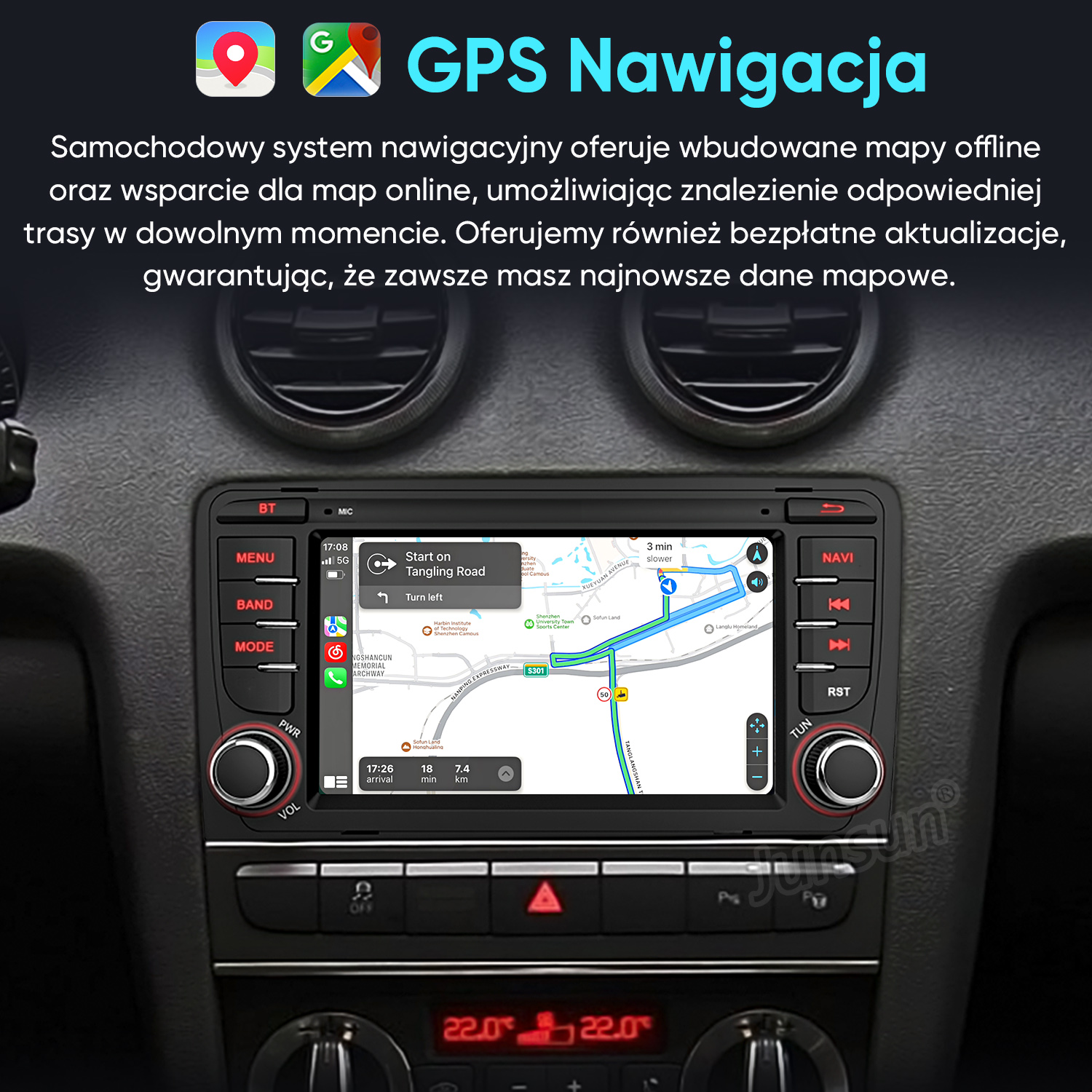 Deska rozdzielcza samochodu z nowoczesną nawigacją GPS pokazującą mapę trasy, otoczoną przyciskami.