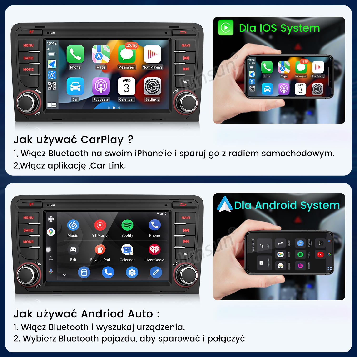 Instrukcja podłączania CarPlay i Android Auto do radia samochodowego przez Bluetooth.