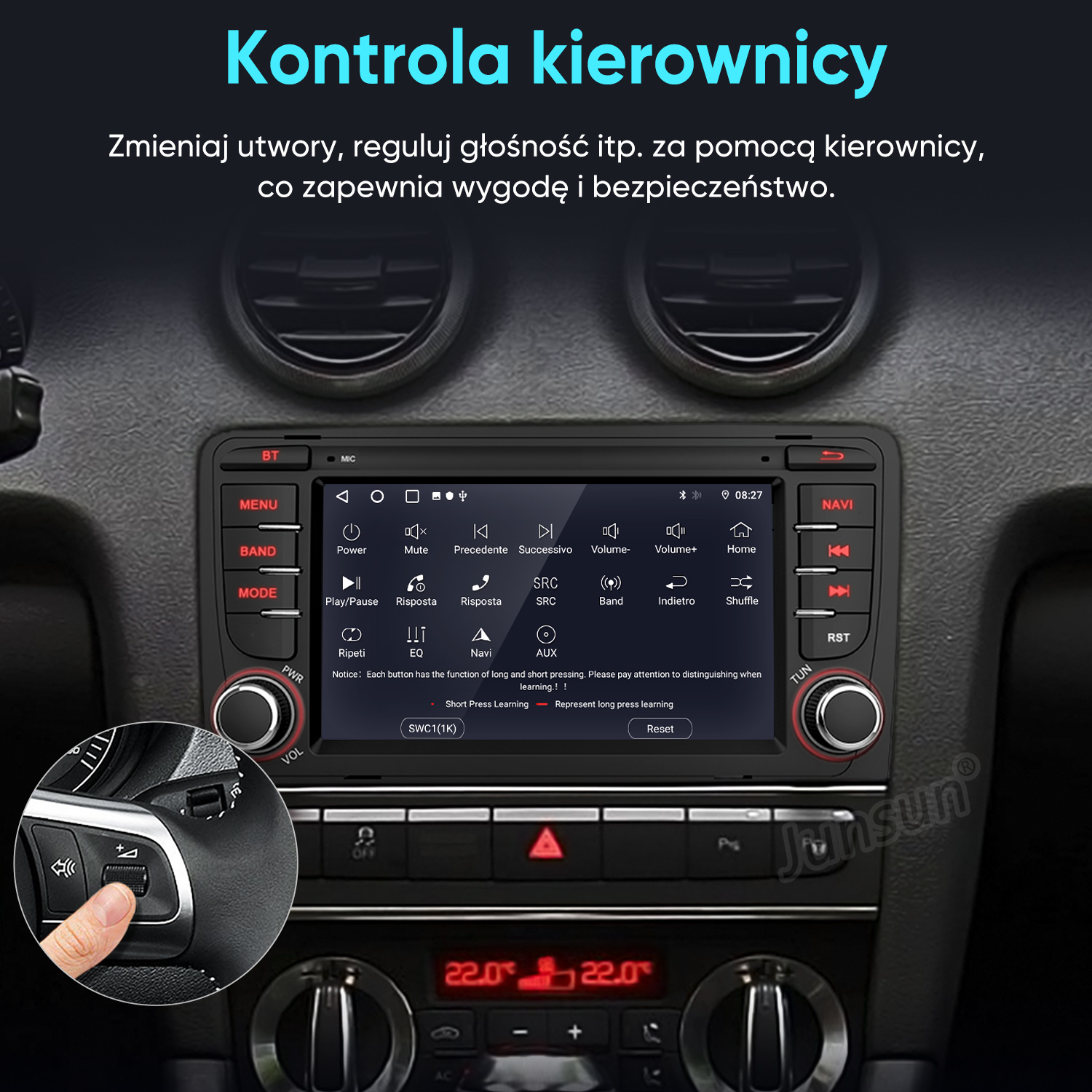 Samochodowy system audio na desce rozdzielczej wyświetla opcje menu i elementy sterujące.