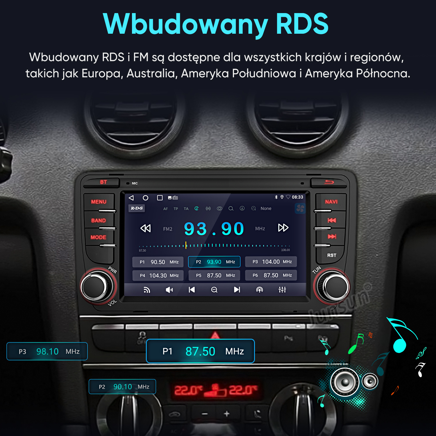 Radio samochodowe z ekranem RDS zamontowane w konsoli środkowej.