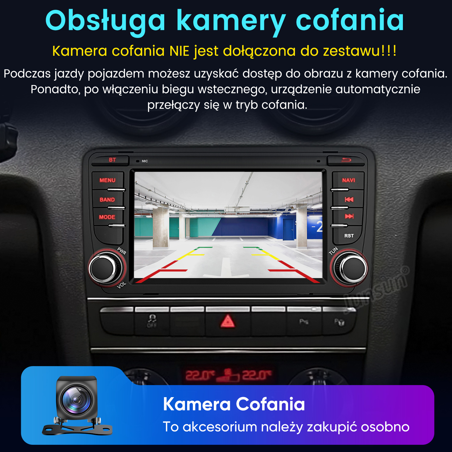 Radio samochodowe z ekranem pokazującym parking podziemny i tekst o kamerze cofania.
