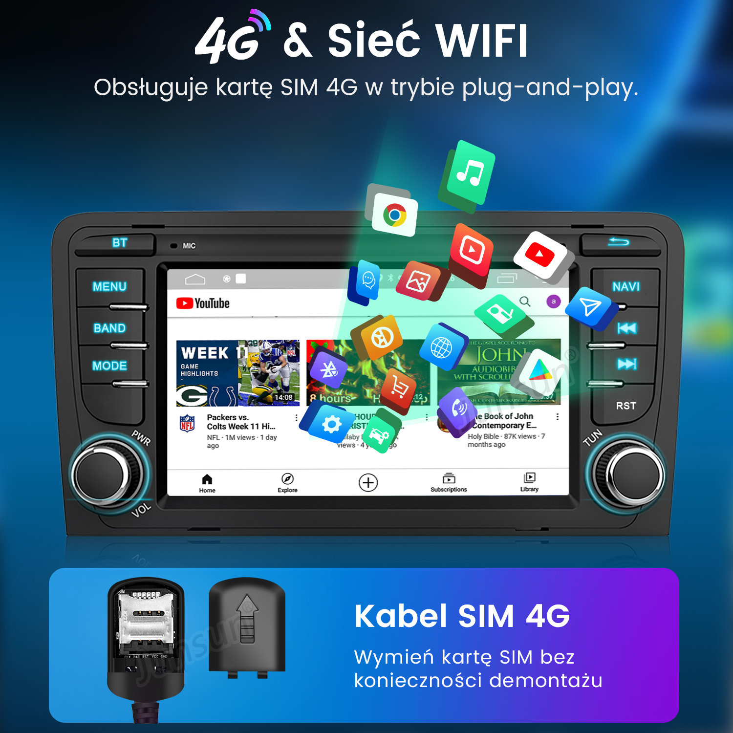 Radio samochodowe z ekranem dotykowym, pływającymi ikonami aplikacji i grafiką kabla SIM 4G.