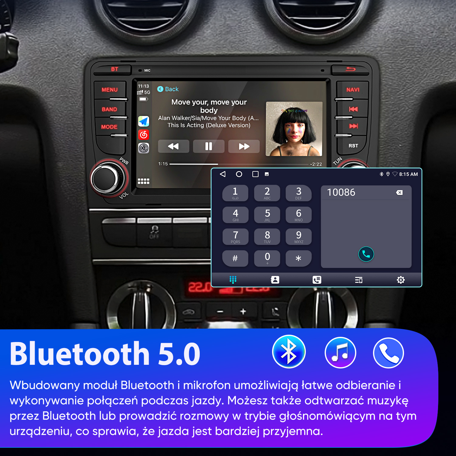 Radio samochodowe z odtwarzaczem muzyki Bluetooth 5.0 i klawiaturą.