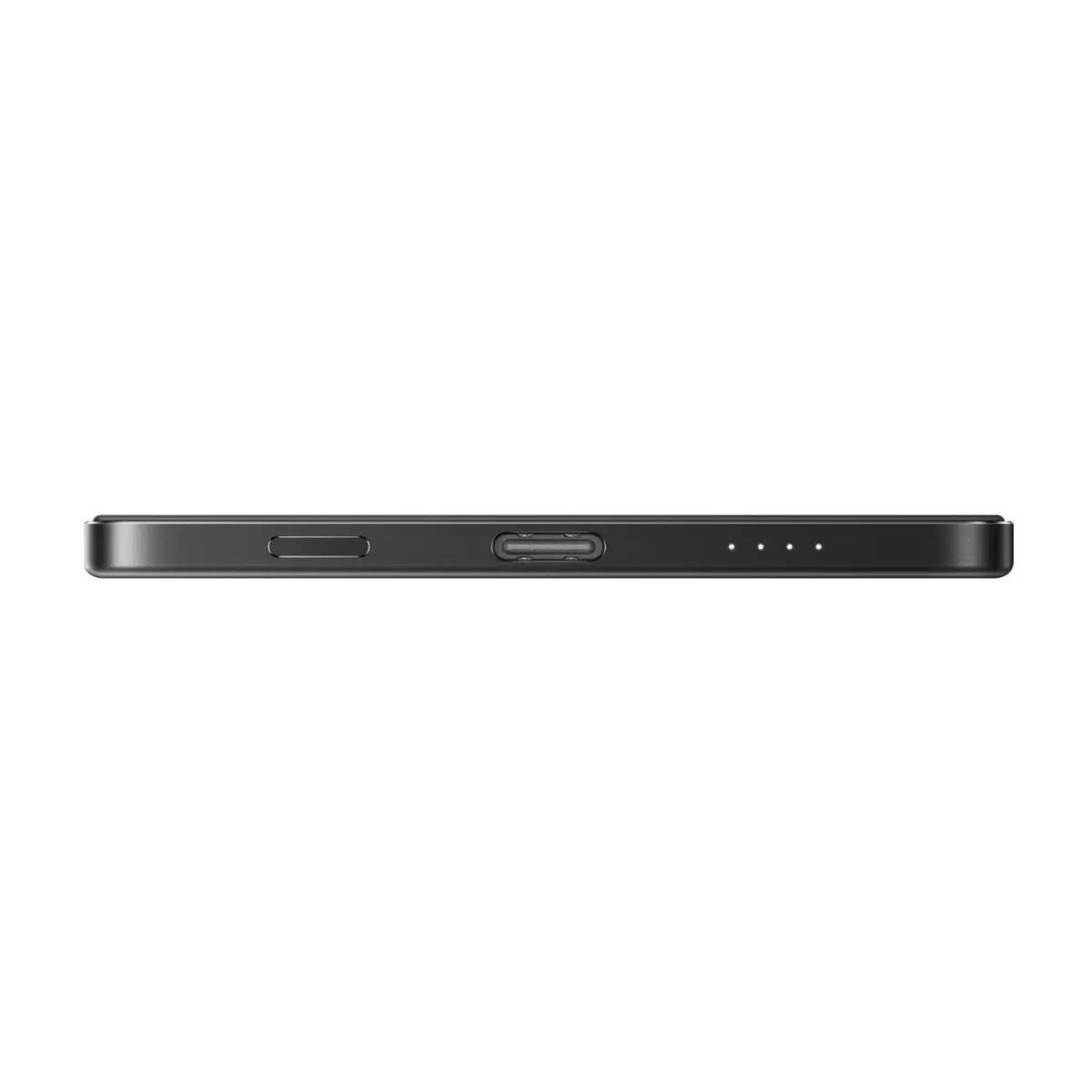 USB-C bağlantı noktası, bir düğme ve dört küçük LED ışık gösteren siyah bir cihazın alt görünümü.