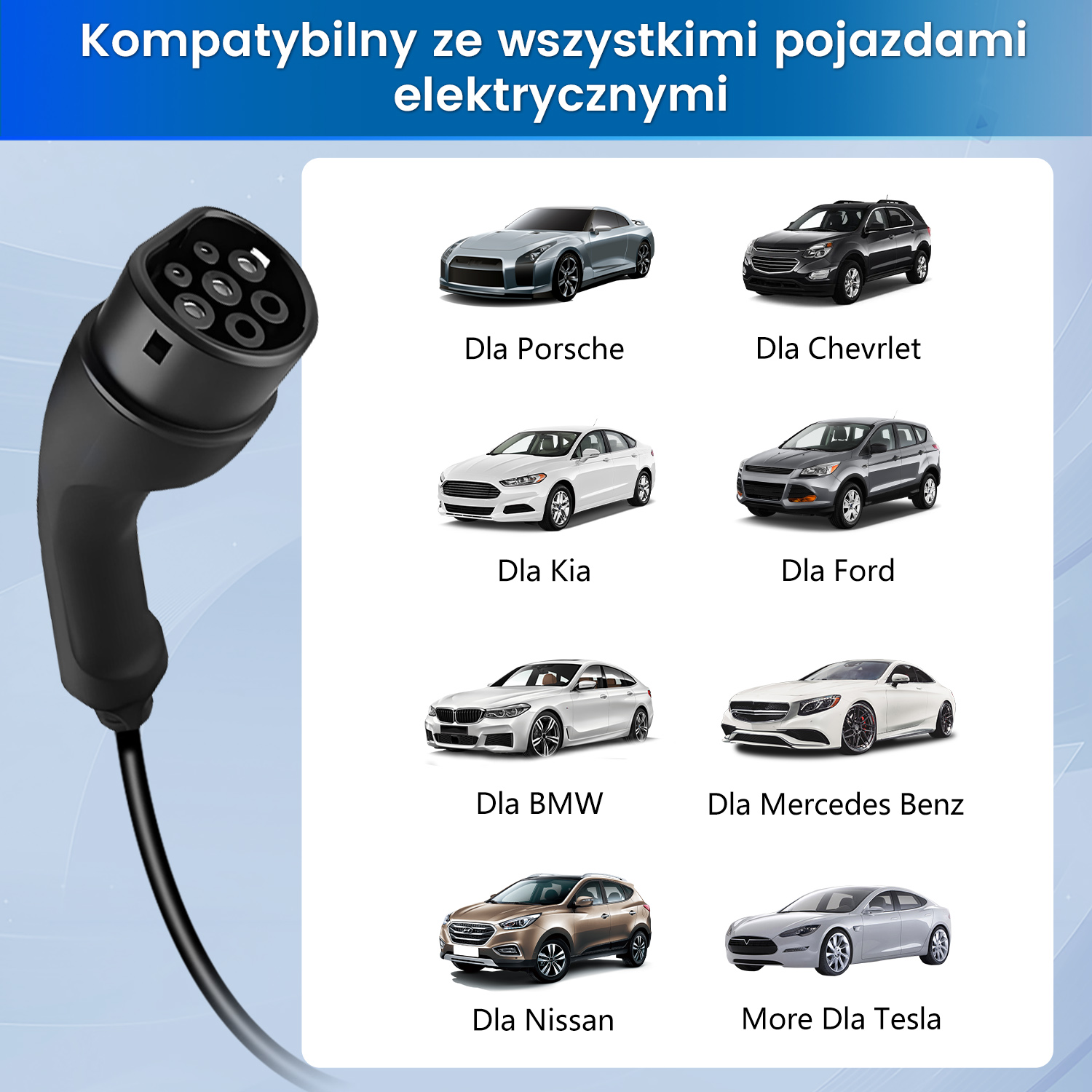 Czarna ładowarka EV po lewej stronie, z różnymi markami samochodów po prawej, w tym Porsche, Kia, BMW i Tesla.
