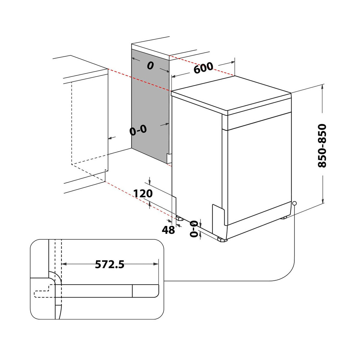 Disegno tecnico di una lavastoviglie con misure di quota in millimetri per l'installazione.