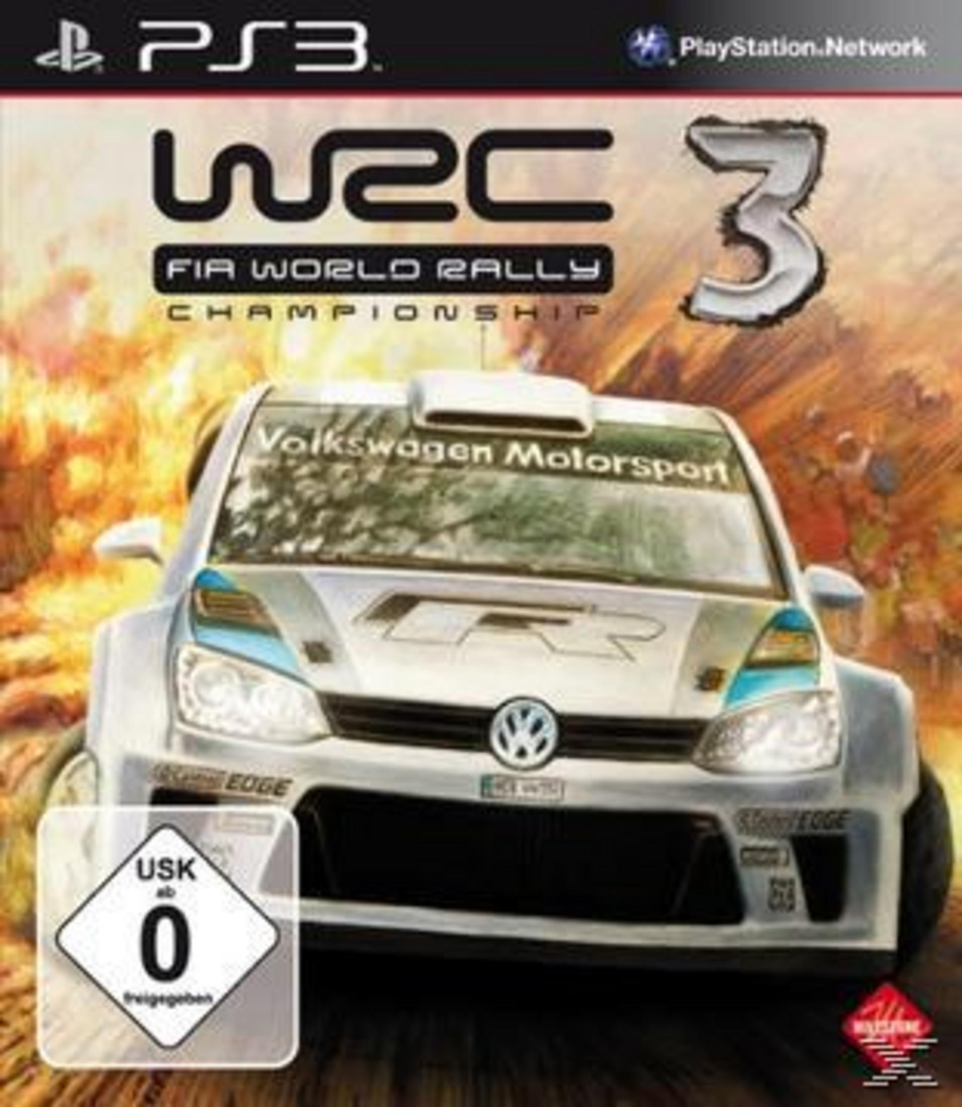 WRC 3 PS3-Videospielcover mit einem Volkswagen-Rallyeauto vor explosionartigem Hintergrund.