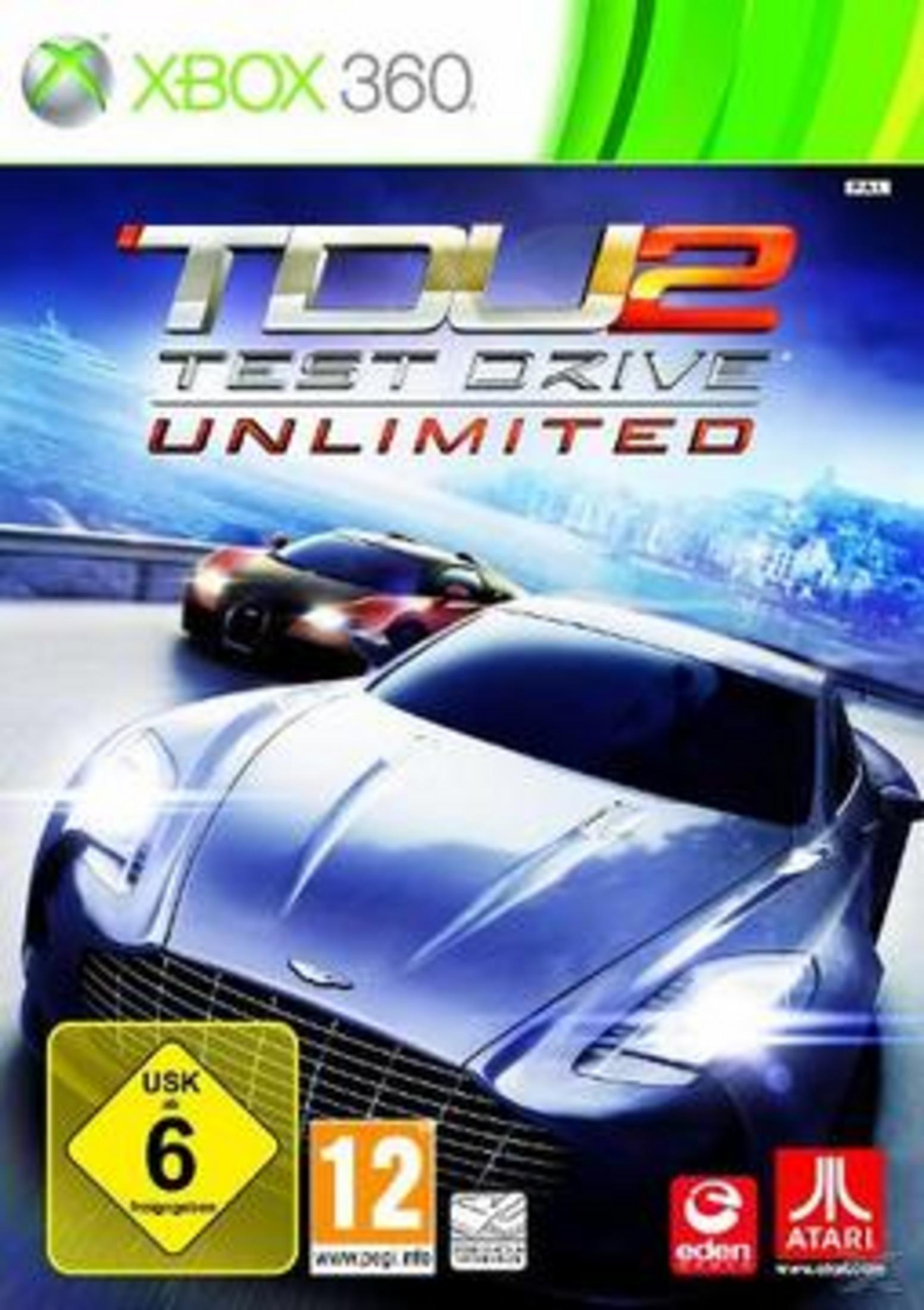 Xbox 360 Cover für Test Drive Unlimited 2 zeigt zwei Luxusautos auf einer Küstenstraße.