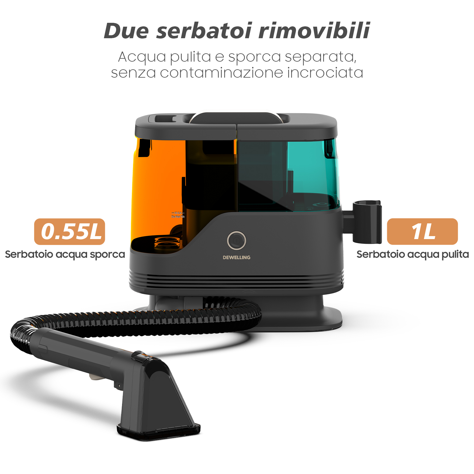 Un pulitore grigio scuro con serbatoio arancione per acqua sporca e serbatoio verde acqua per pulita.
