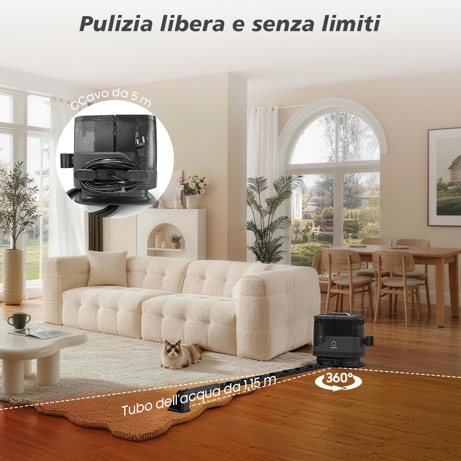 Un pulitore per tappeti nero in un luminoso soggiorno con gatto.