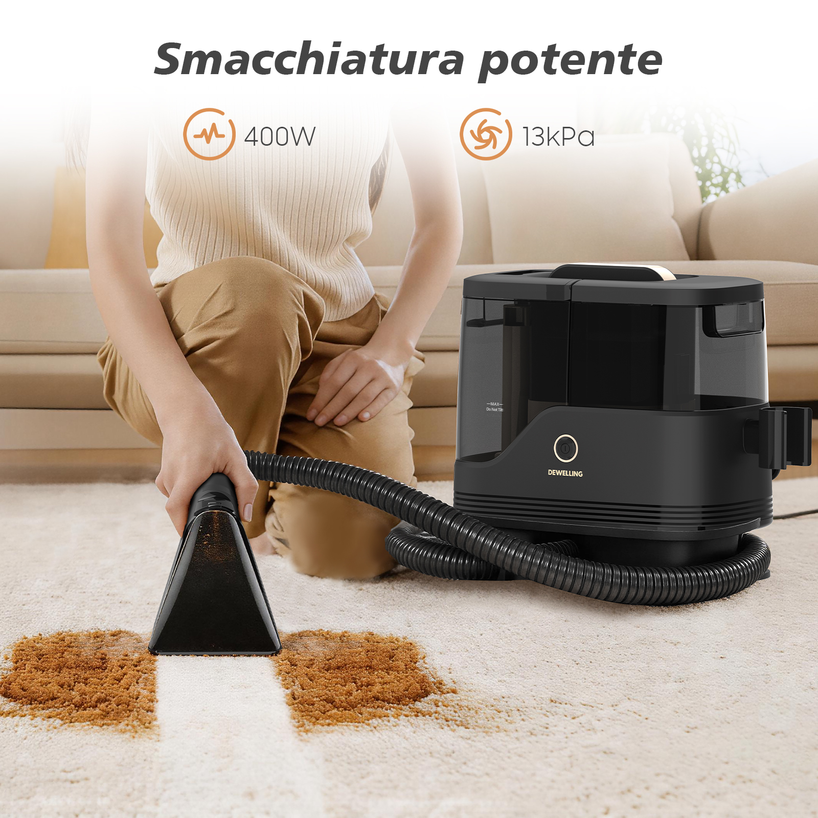 Una persona pulisce un tappeto macchiato con un pulitore nero per tappeti.