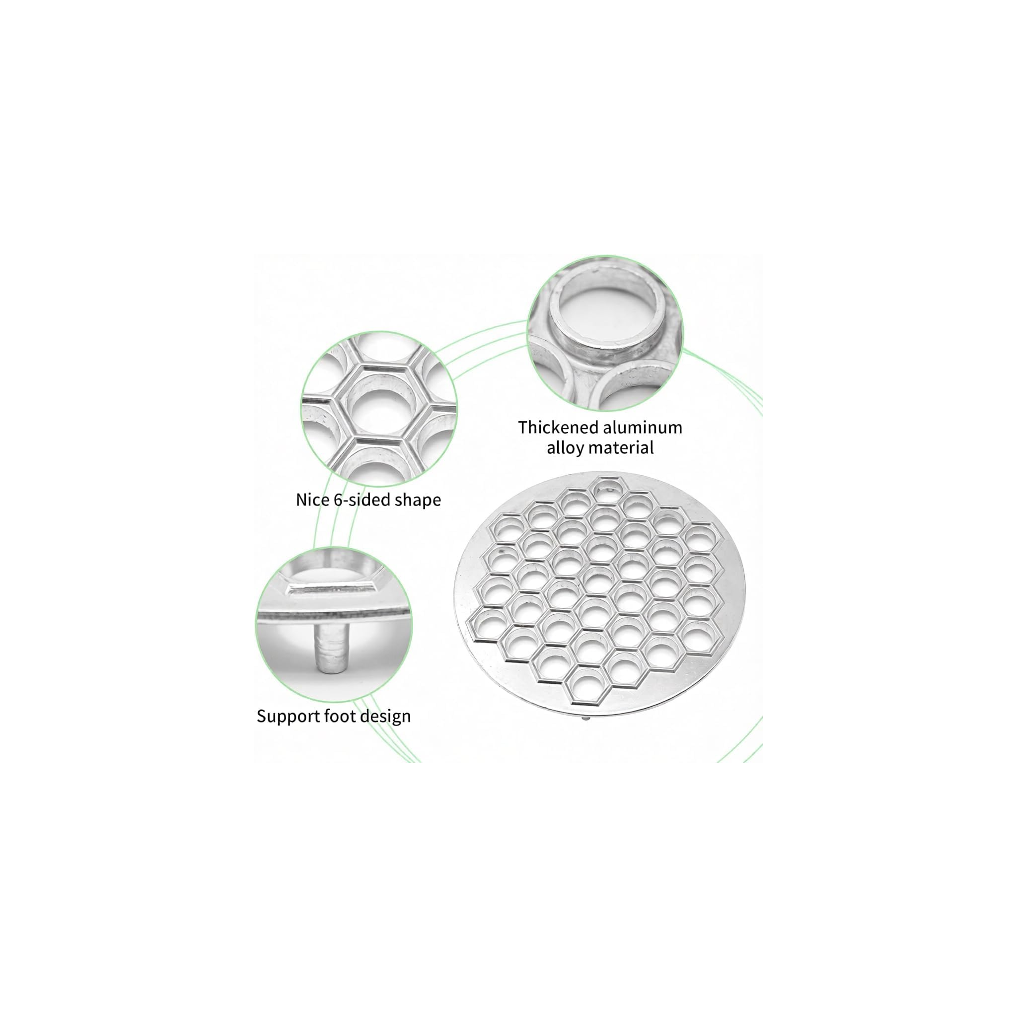 Aluminium-Teigschneider mit wabenförmigen Öffnungen, sechsseitiger Form und Stützfüßen auf weißem Hintergrund.