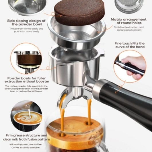 Portafiltro per espresso con caffè che cola in un bicchierino, con etichette.