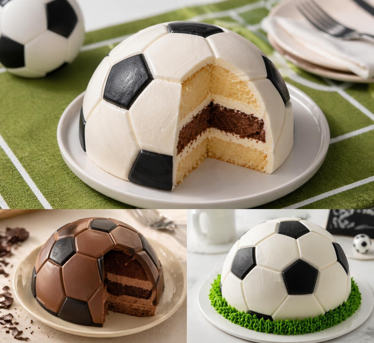 Drei Fußballkuchen auf Tellern; ein Anschnitt zeigt mehrschichtigen Biskuit und Creme, dekoriert auf grünem Tisch.