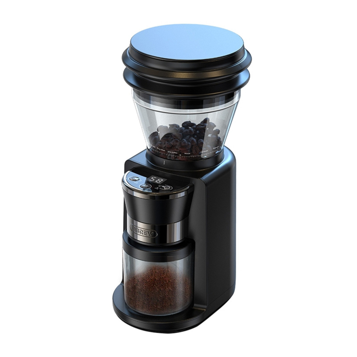 Moderno macinacaffè nero con tramoggia per chicchi in alto e contenitore di caffè macinato in basso.