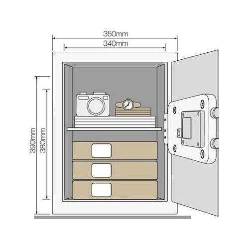 Diagramma di una cassaforte aperta con dimensioni interne, una fotocamera e raccoglitori.