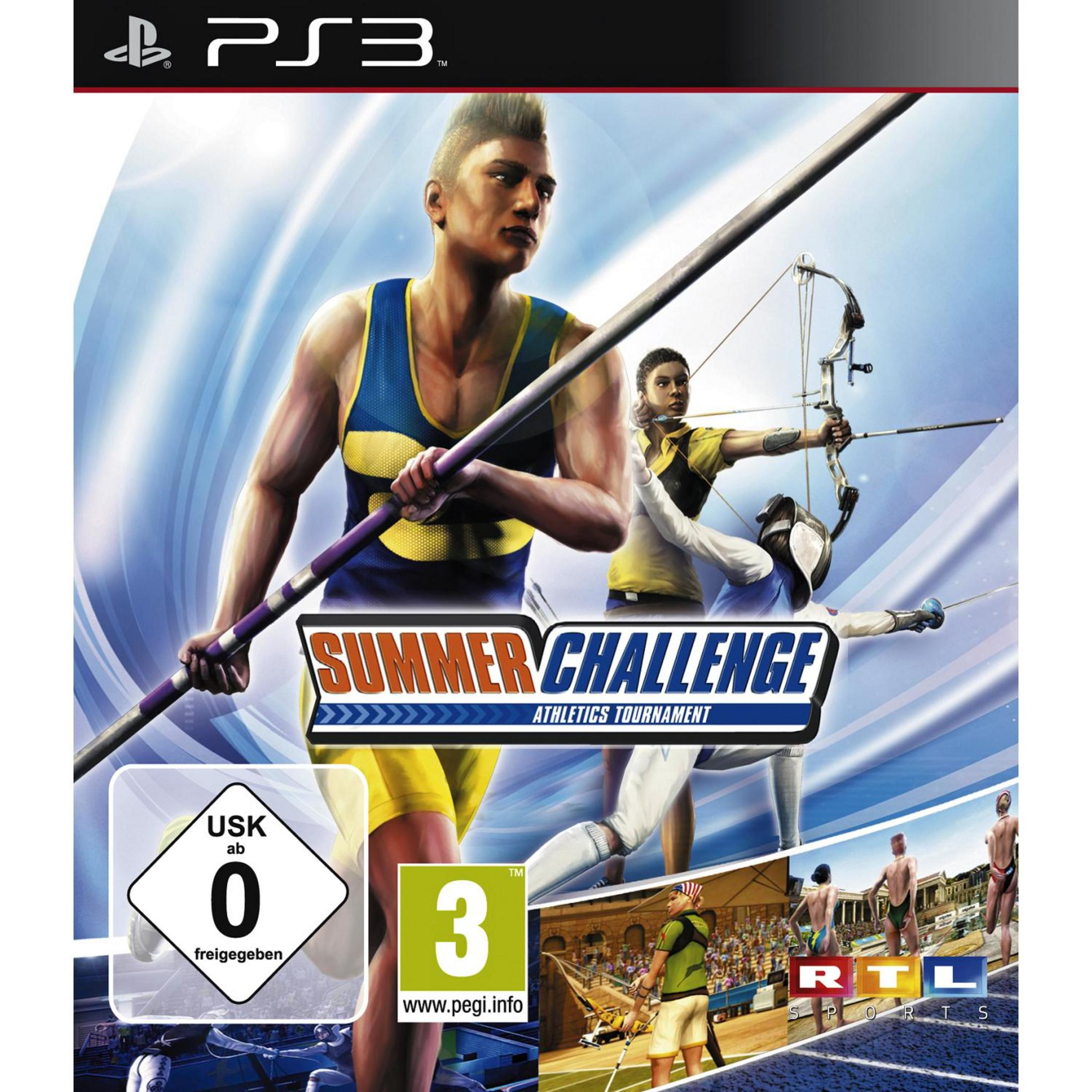 PS3-Spielcover von Summer Challenge mit Athleten beim Stabhochsprung, Bogenschießen und Fechten vor blauem Himmel.