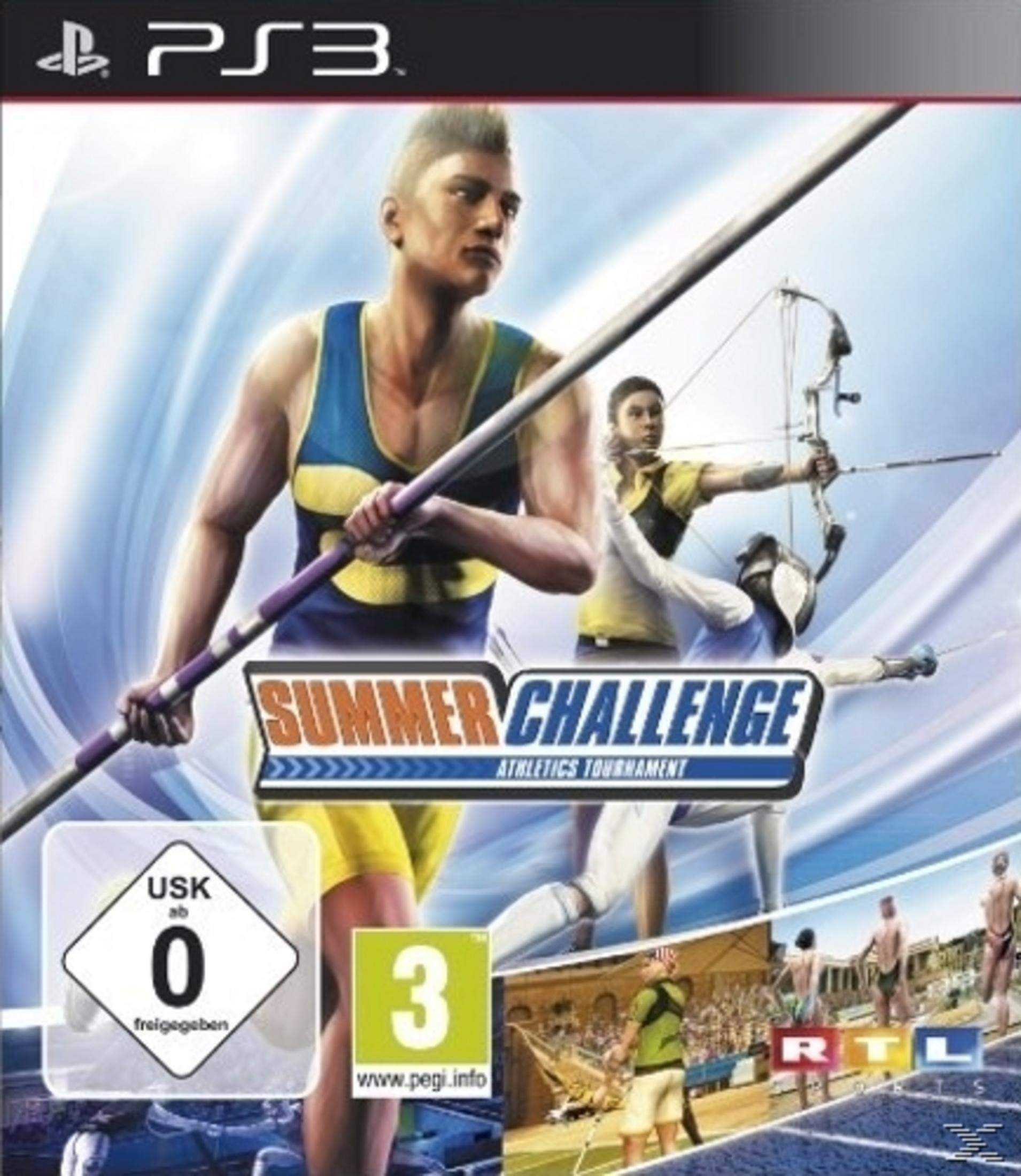 PS3-Spielcover Summer Challenge Athletics Tournament mit Athleten beim Stabhochsprung, Bogenschießen und Fechten.