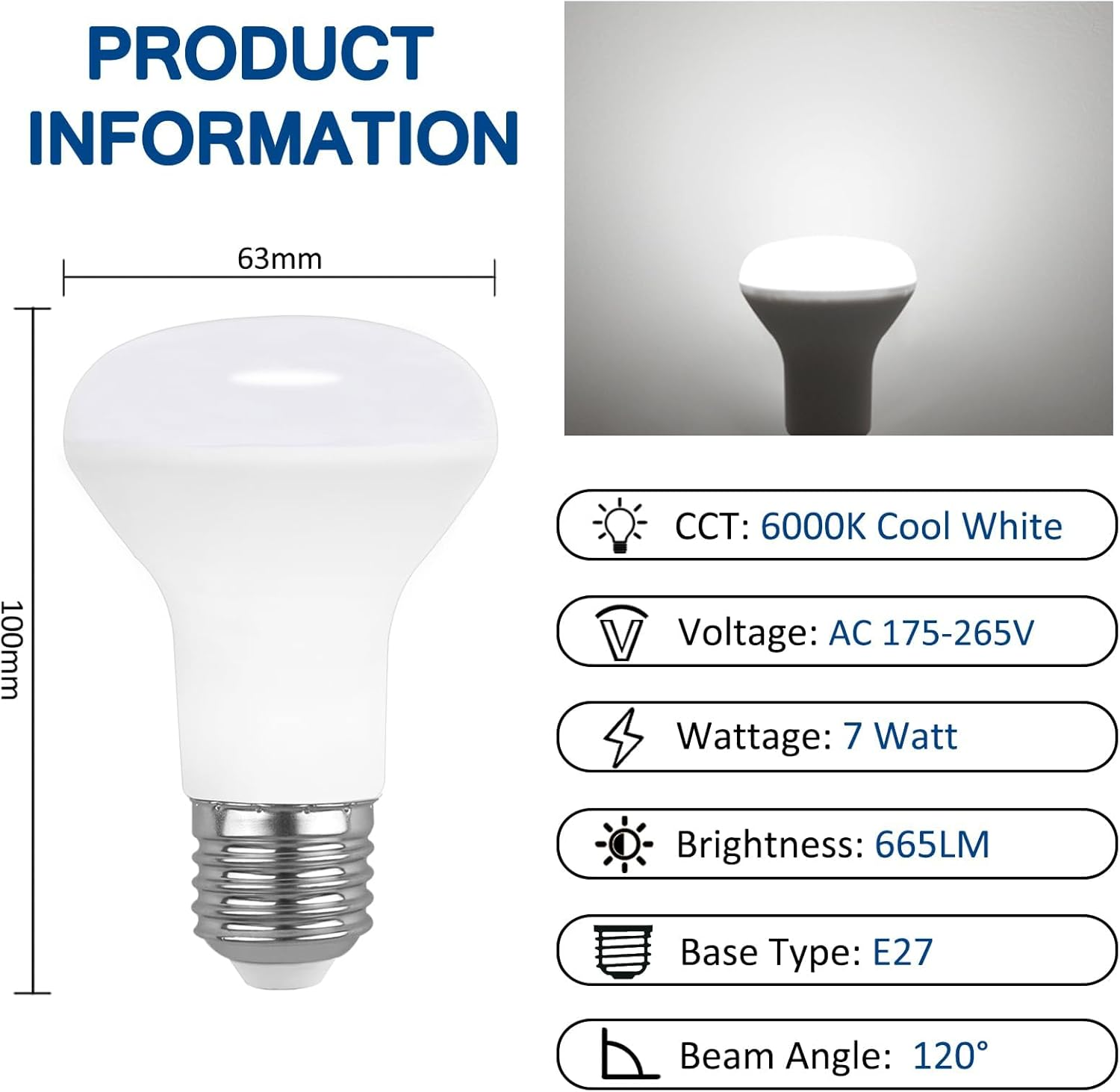 Produktinformationen einer LED-Lampe mit technischen Daten wie 63mm Breite, 100mm Höhe, 7W Leistung und 6000K Lichtfarbe.