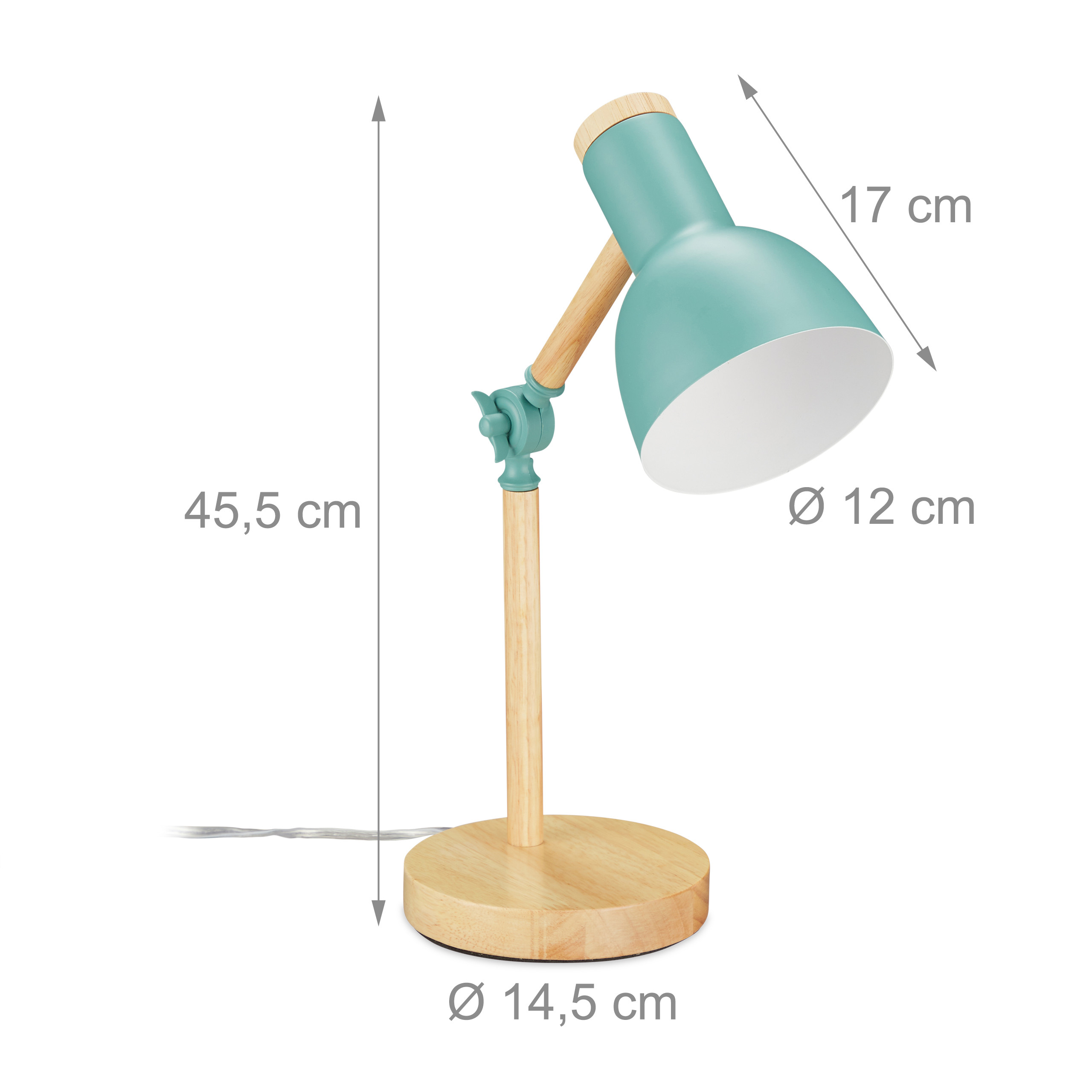 Türkisfarbene Tischlampe mit Holzdetails und Maßen auf weißem Hintergrund.