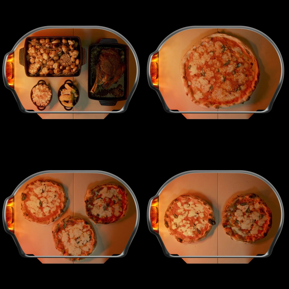 Vier Ofenansichten zeigen Backoptionen mit Kartoffeln, Fleisch, einer großen, drei kleinen und zwei mittleren Pizzen.