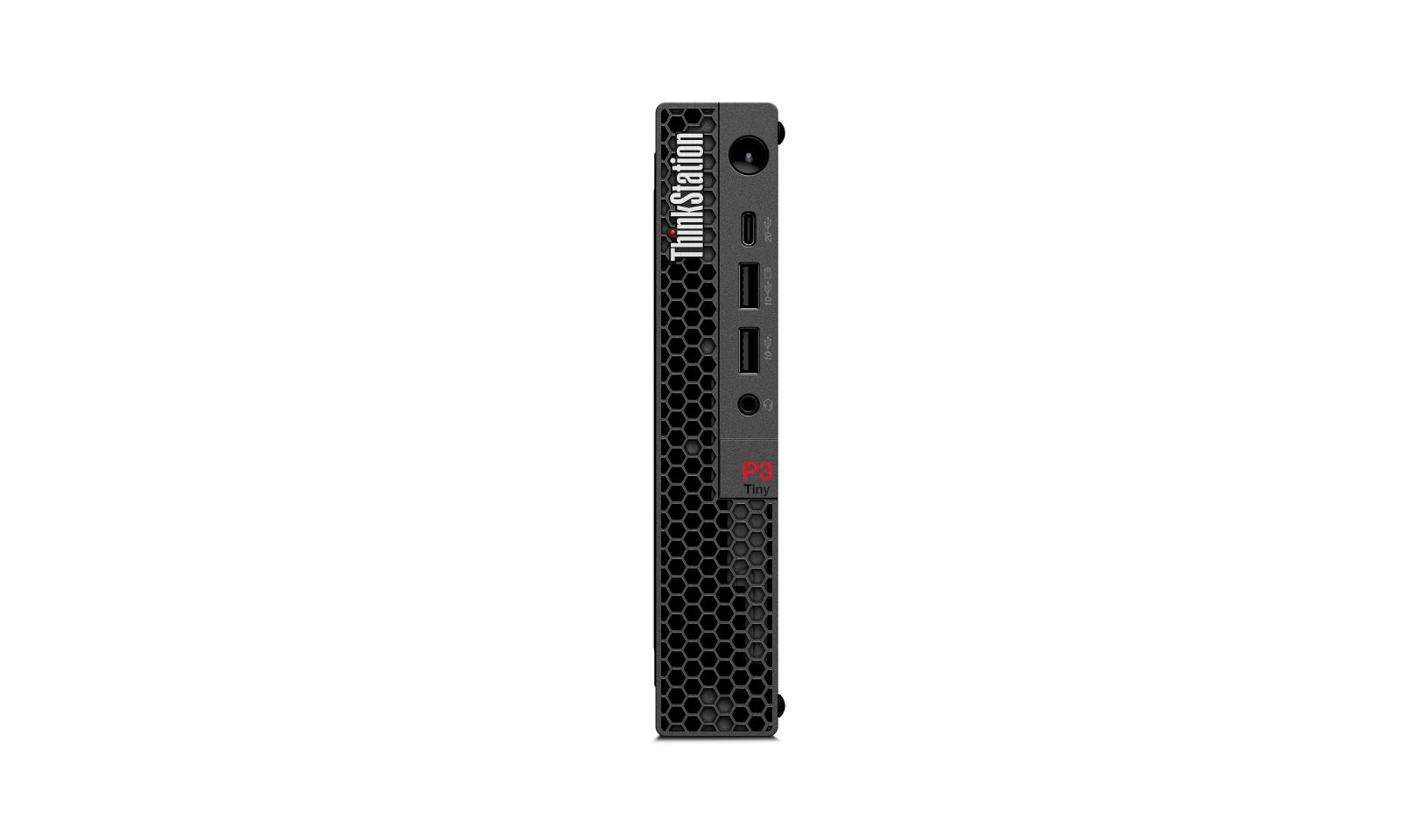 Widok z przodu czarnego komputera Lenovo ThinkStation P3 Tiny z portami i czerwonym logo na białym tle.
