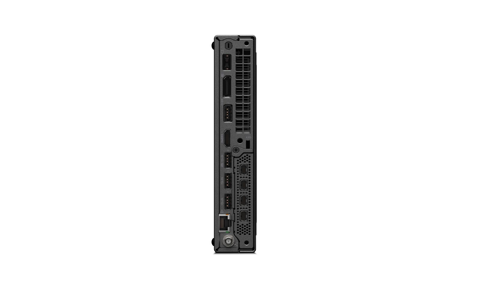 Tylny panel czarnego mini PC z portami USB, HDMI i portem Ethernet.
