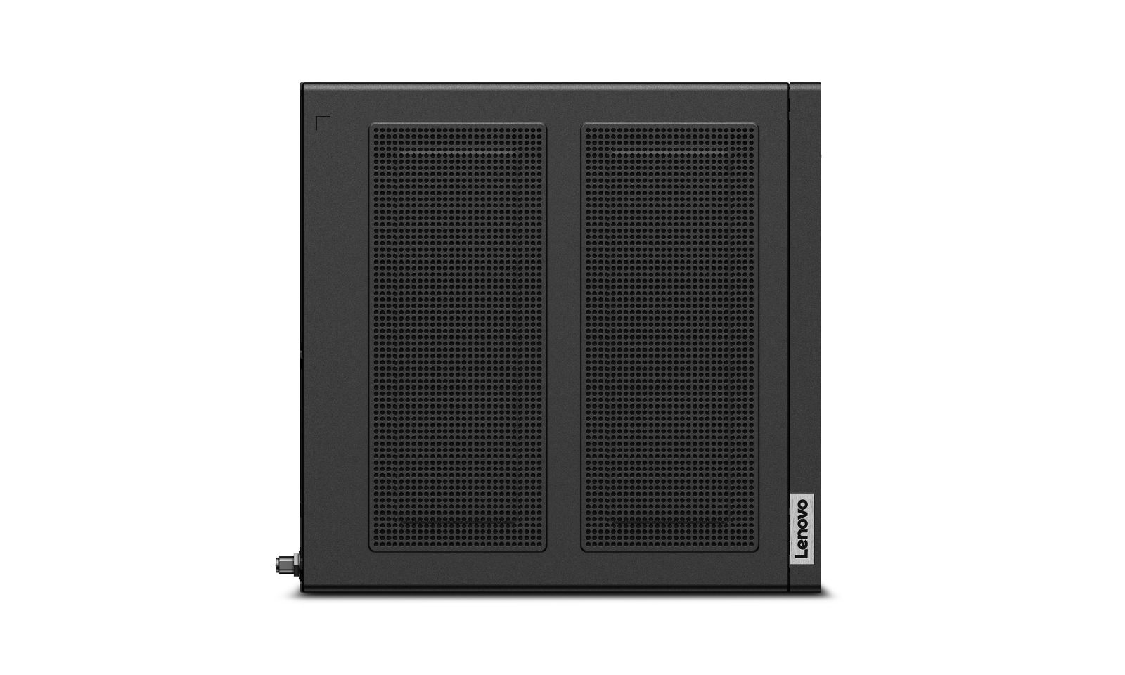 Czarna wieża PC Lenovo z dwoma dużymi perforowanymi panelami z siatki z przodu na białym tle.